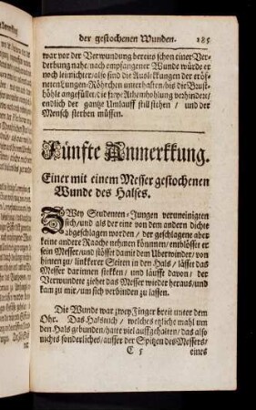 185-206, Fünfte Anmerkkung. Einer mit einem Messer gestochenen Wunde des Halses. Sechste Anmerkkung. Eines / durch einen Stos / verwundeten Maagens. Siebende Anmerkung. Einer Stos-Wunde des Unter-Leibes.