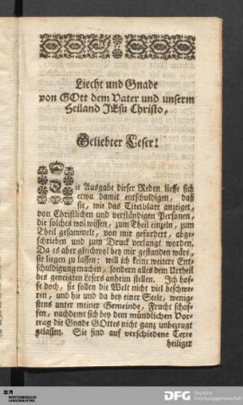Liecht und Gnade von GOtt dem Vater und unserm Heiland JEsu Christo, Geliebter Leser...