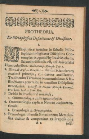 Protheoria. De Metaphysicae Definitione & Divisione.