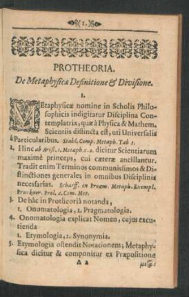 Protheoria. De Metaphysicae Definitione & Divisione.