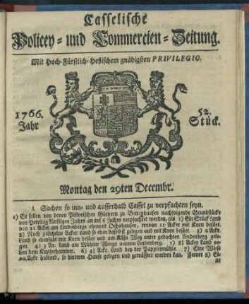 52. Stueck, Montag den 29ten Decembr. 1766