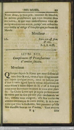 Lettre XCV. Complimens & Protestations d'amitie sincere