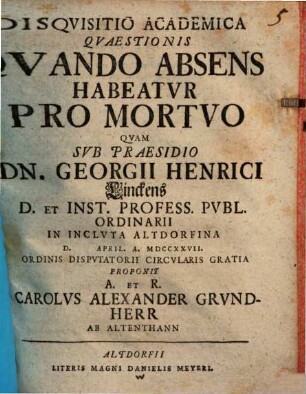 Disquisitio academica quaestionis Quando absens habeatur pro mortuo