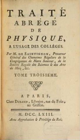 Traité Abrégé De Physique : A L'Usage Des Colleges. 3