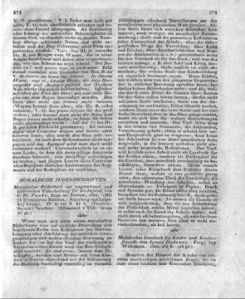 Moralisches Bilderbuch zur angenehmen und lehrreichen Unterhaltung für die Jugend, von C. Ph. Funke, Insp. zu Dessau, 1803. (Mit 15 illuminirten Blättern.) Nürnberg und Leipz. bey Campe. IV u. 148 S. kl. 8. (Taschenformat) brochirt.