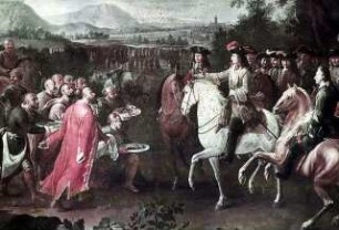 Übergabe der Schlüssel der von den Türken zurückeroberten Schlösser in Ungarn an Herzog Karl von Lothringen vor Mohacz im Jahre 1687