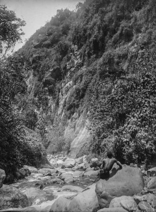 Bach : Bach an einer Schlucht im Ruwenzori-Gebirge. Im rechten Bildrand sitzt ein Mann auf einem Felsen