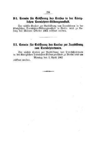 Termin für Eröffnung des Kursus in der Königlichen Turnlehrer-Bildungsanstalt