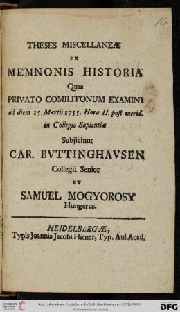 Theses Miscellaneae Ex Memnonis Historia