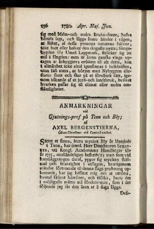 Anmärkningar vid Gjutnings-prof på Tenn och Bly.