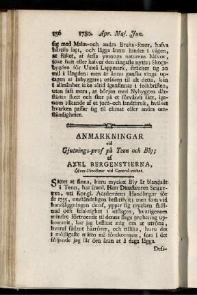 Anmärkningar vid Gjutnings-prof på Tenn och Bly.