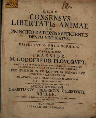 Consensus libertatis animae cum principio rationis sufficientis denuo vindicatus