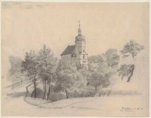 Die Salvatorkirche in Kürbitz im Vogtland (Weischlitz-Kürbitz, 1624-1626), gezeichnet am 1. Oktober 1861