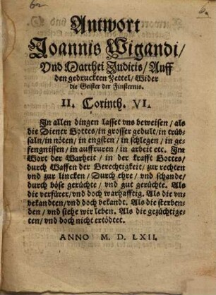 Antwort Joannis Wigandi Und Matthei Judicis, Auff den gedruckten Zettel, Wider die Geister der Finsternis