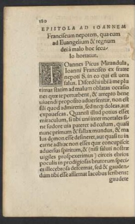 Epistola Ad Ioannem Franciscum nepotem, qua eum ad Evangelium & regnum dei a malo hoc seculo hortatur.