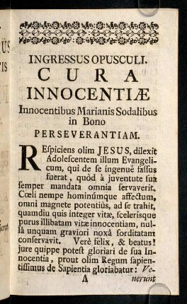 1-4, Ingressus Opusculi. Cura Innocentiae Innocentibus ...