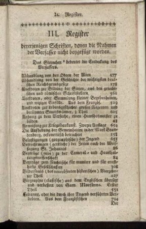 III. Register derjenigen Schriften, denen die Nahmen der Verfasser nicht beygefügt worden.