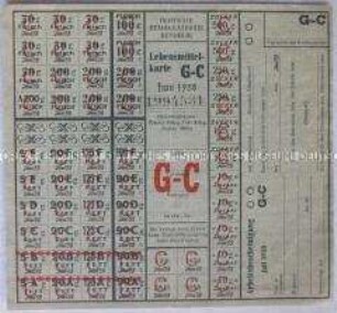 Lebensmittelkarte aus der DDR zum Bezug von Fleisch, Fett und Zucker vom Juni 1958