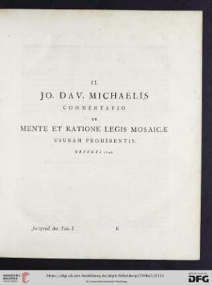 II. Jo. Dav. Michaelis: Commentatio de Mente et Ratione Legis Mosaicæ usuram prohibentis