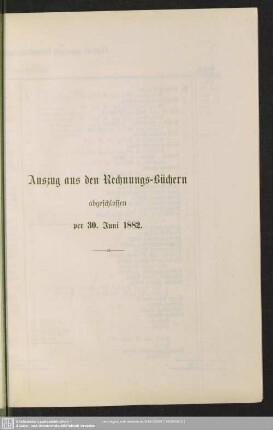 Auszug aus den Rechnungs-Büchern abgeschlossen per 30. Juni 1882