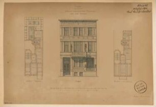 Bürgerliches Einfamilienwohnhaus Monatskonkurrenz August 1874: Grundriss Erdgeschoss, 1. Obergeschoss, Aufriss Straßenansicht; 2 Maßstabsleisten
