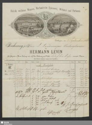 Fabrik wollener Waaren, Mechanische Spinnerei, Weberei und Färberei, Hermann Levin, Göttingen : Rechnung