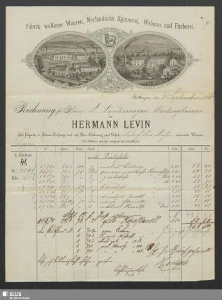 Fabrik wollener Waaren, Mechanische Spinnerei, Weberei und Färberei, Hermann Levin, Göttingen : Rechnung