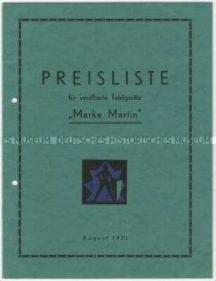 Preiliste für versilberte Tafelgeräte der Marke "Martin" von der Firma Wilkens