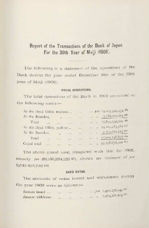 Report of the transactions of the Bank of Japan for the 39th year of Meiji (1906)