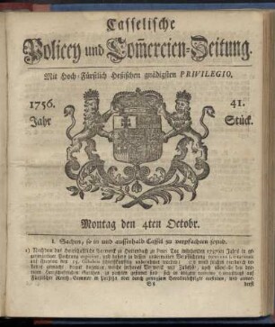 41. Stueck, Montag den 4ten Octobr. 1756