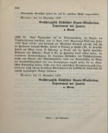 121. Ministerial-Bekanntmachung, betreffend die Abgabe des Diphtherieserums