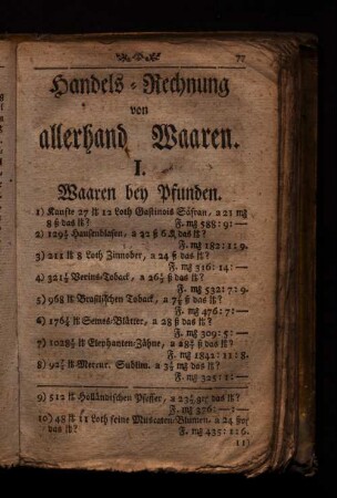 Handels-Rechnung von allerhand Waaren.