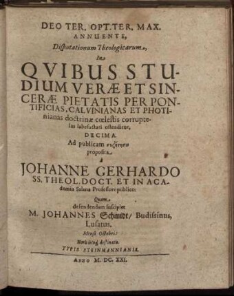... Disputationum Theologicarum ... Decima.