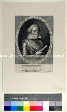 Geharnischtes Brustbild des Söldner- und Heerführers Ernst II. Graf zu Mansfeld mit Feldherrenstab