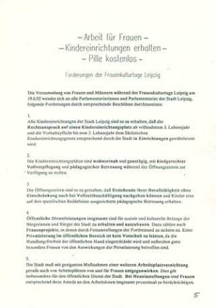 - Arbeit für Frauen - , - Kindereinrichtungen erhalten - , - Pille kostenlos - : Forderungen der Frauenkulturtage Leipzig