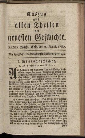 XXXIX. Nachl. Coburg, den 27. Sept. 1760.