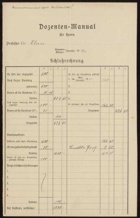 Dozenten-Manual für Herrn Professor Dr. Klein Winter-Semester 1910/11 Schlußrechnung.
