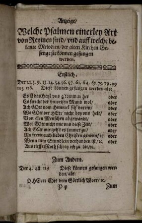 Anzeige, Welche Psalmen einerley Art von Reymen sind, und auff welche bekante Melodien, der alten Kirchen Gesenge sie können gesungen werden