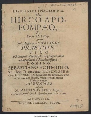 Disputatio Theologica, De Hirco Apopompaeo : Ex Levit. XVI. Cap.
