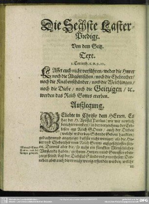 Die Sechste Laster-Predigt. Von dem Geitz