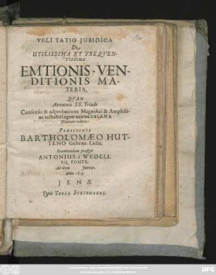 Veli Tatio Iuridica De Utilissima Et Frequentissima Emtionis-Venditionis Materia