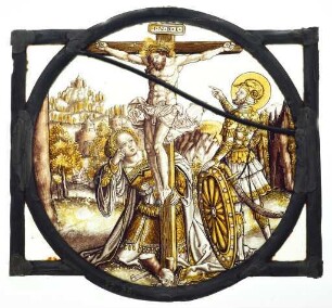 Kabinettscheibe, Christus am Kreuz mit Maria Magdalena und Heiligem