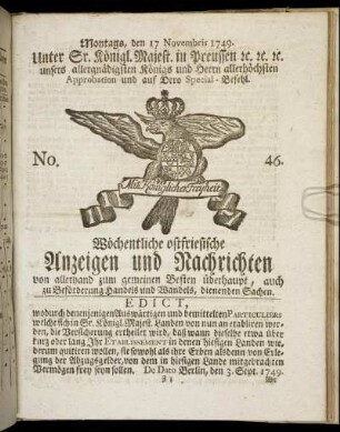 No. 46. Montags, den 17 Novembris 1749.