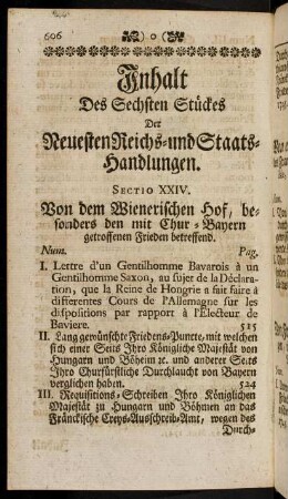 606-608, Inhalt des sechsten Stückes der Neuesten Reichs- und Staats-Handlungen