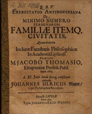 Exercitatio Antibodiniana De Minimo Numero Personarum Familiae Itemq. Civitatis
