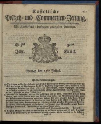 30tes Stueck, Montag den 25ten Julius 1803