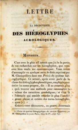 Lettre sur la Découverte des Hieroglyphes acrologiques : adressée a M. le Chevalier de Goulianoff