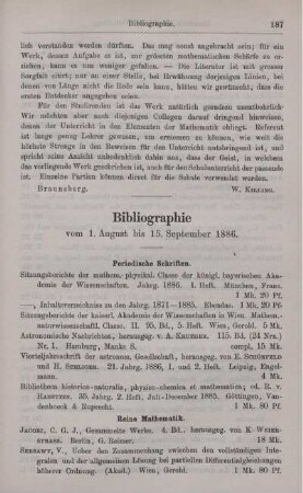 Bibliographie vom 1. August bis September 1886.