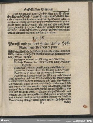 Tit. IV. Wie offt und zu was Zeiten Unsere Hoff-Gerichte gehalten werden sollen