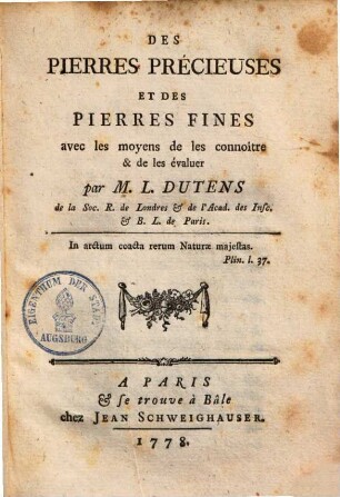 Des pierres précieuses & des pierres fines avec les moyens de les connoitre & de les évaluer